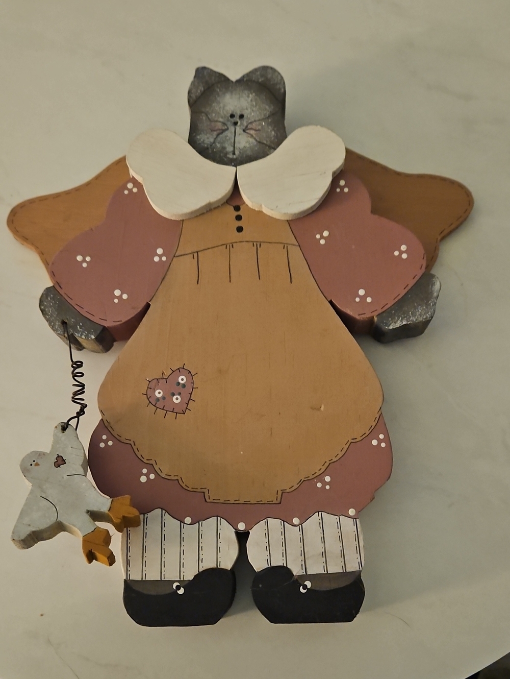 Hand-painted vintage country folk art wooden cat angel